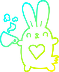 cold gradient line drawing of a cute cartoon rabbit with love heart and coffee cup