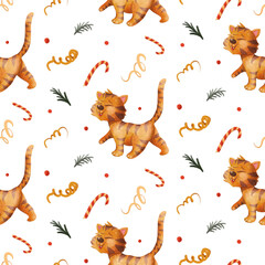 Illustration Seamless Pattern Christmas Tiger Cat Deer Holiday New Year