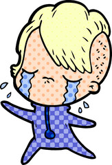 cartoon crying girl wearing space clothes