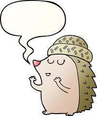 cartoon hedgehog wearing hat with speech bubble in smooth gradient style