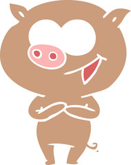 cheerful pig flat color style cartoon