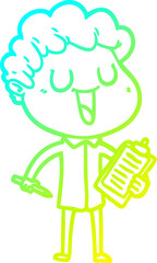cold gradient line drawing of a laughing cartoon man with clipboard and pen