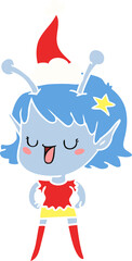 happy alien girl hand drawn flat color illustration of a wearing santa hat