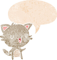 cartoon happy cat with speech bubble in grunge distressed retro textured style