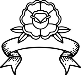 traditional black linework tattoo with banner of a flower