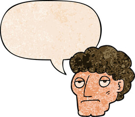 cartoon bored man with speech bubble in retro texture style