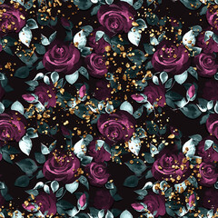 Beautiful blooming roses on black background. Seamless floral pattern with gold glitter.
