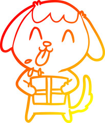 warm gradient line drawing of a cute cartoon dog with christmas present