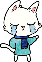 crying cartoon cat wearing winter clothes