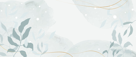 Abstract vector design of winter landscape with twigs and golden line watercolor texture. Snow vector art, on a gentle background, hand drawn leaves. Cover, wallpaper, wall arts, Winter design.