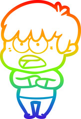 rainbow gradient line drawing of a worried cartoon boy