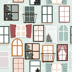 Merry Christmas and Happy New Year seamless pattern. Cute winter print with windows. Vector hand drawn illustration.