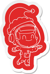 happy quirky cartoon  sticker of a astronaut man wearing santa hat