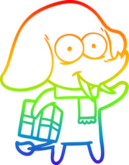 rainbow gradient line drawing of a happy cartoon elephant with present