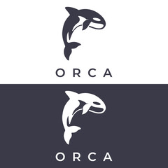 Simple black orca whale animal template logo creative design. Killer underwater animal. Logo for business, identity and branding.