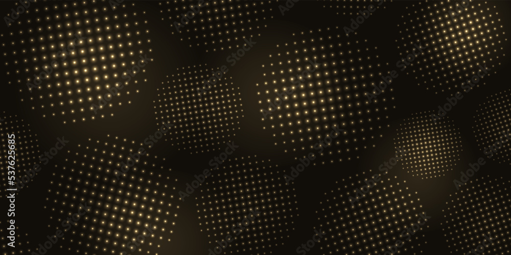 Wall mural gold glitter halftone dotted background. random size shiny circles on black background. abstract pat