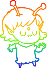 rainbow gradient line drawing of a cartoon alien girl dancing