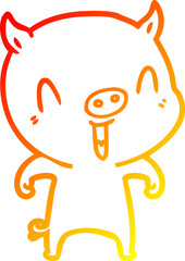 warm gradient line drawing of a happy cartoon pig