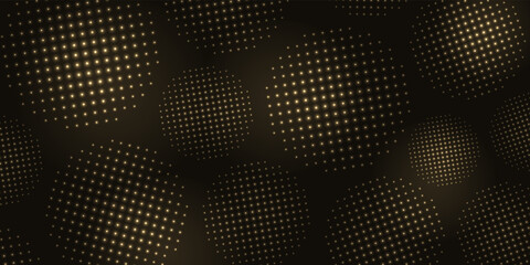 Gold glitter halftone dotted background. Random size shiny circles on black background. Abstract pattern. Pop art style backdrop. Golden explosion of firework or confetti. Digitally generated image