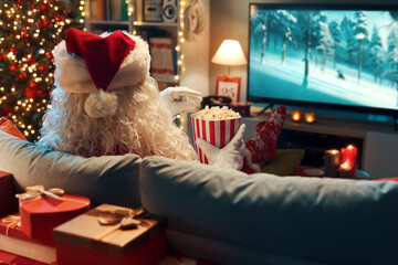 Santa Claus watching movies on TV