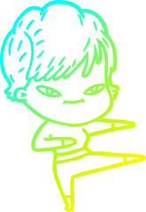 cold gradient line drawing of a cartoon happy woman