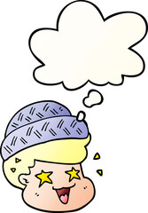 cartoon boy wearing hat with thought bubble in smooth gradient style