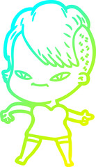 cold gradient line drawing of a cute cartoon girl with hipster haircut