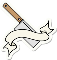 tattoo style sticker with banner of a meat cleaver