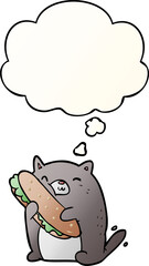 cartoon cat with sandwich with thought bubble in smooth gradient style