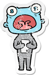 distressed sticker of a cartoon weird alien communicating