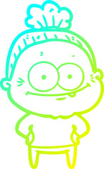 cold gradient line drawing of a cartoon happy old woman