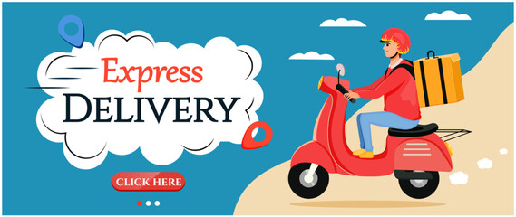 Express delivery of goods for recipients and customers. The courier guy carries a parcel on his back. Kartun. Vector Stock illustration.