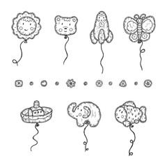 Kids toys. Beach Inflatable Toys. Balloons. Kawaii toy. Hand Drawn doodle ship, sun, bear, rocket, butterfly, elephant, fish - Vector Set