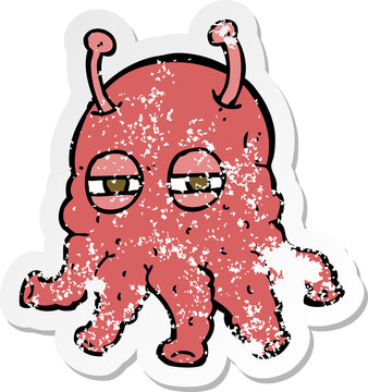 retro distressed sticker of a cartoon alien face