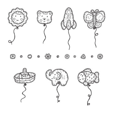 Kids toys. Beach Inflatable Toys. Balloons. Kawaii toy. Hand Drawn doodle ship, sun, bear, rocket, butterfly, elephant, fish - Vector Set