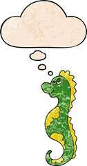 cartoon sea horse with thought bubble in grunge texture style