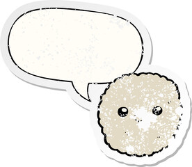 cartoon biscuit with speech bubble distressed distressed old sticker