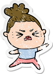 distressed sticker of a cartoon angry woman