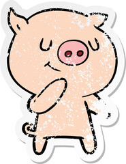 distressed sticker of a happy cartoon pig