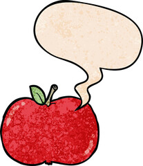 cartoon apple with speech bubble in retro texture style