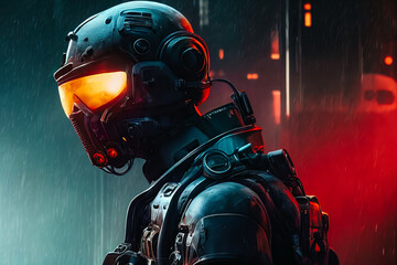 A futuristic soldier with a helmet in the night
