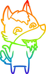 rainbow gradient line drawing of a cartoon hungry wolf