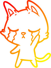 warm gradient line drawing of a crying cartoon cat