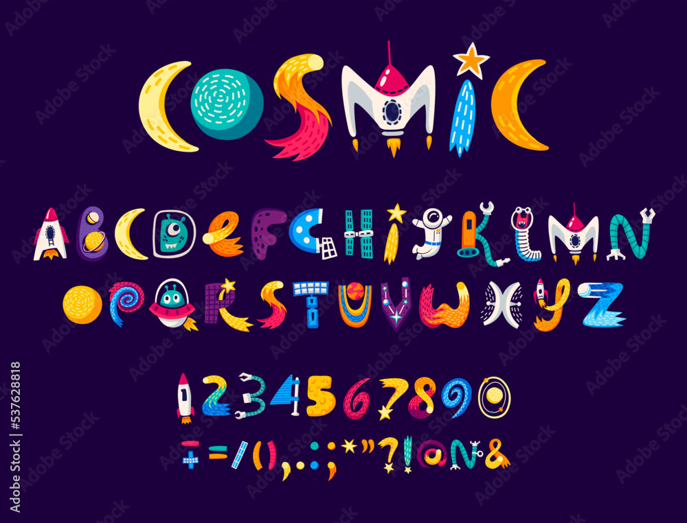 Poster cartoon space font, universe type and galaxy typeface, vector alphabet letters. kid space font with 