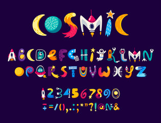 Cartoon space font, universe type and galaxy typeface, vector alphabet letters. Kid space font with planets and alien UFO text and symbols, cartoon universe typography or galactic typeset signs © Vector Tradition