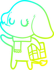 cold gradient line drawing of a cute cartoon elephant with gift