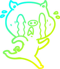 cold gradient line drawing of a crying pig cartoon
