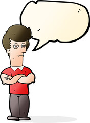 cartoon man with folded arms with speech bubble