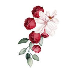 Naklejka na ściany i meble Elegant bouquet with peonies, roses and eucalyptus leaves. Illustration