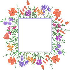 Vector image hand drawn style wild herbs and flowers square frame, isolated on white, can be used for scrapbooking and design